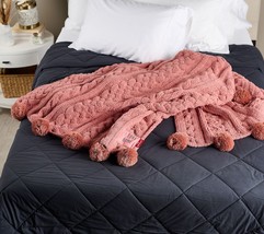 Peace Love World 70x60 Pom Pom Cable Knit Blanket in Misty Rose - £155.03 GBP