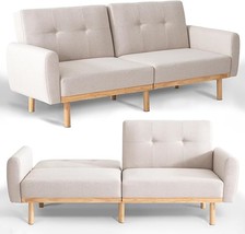 Futon, Linen Fabric Sleeper Button Tufted Upholstered Bed Couch With Armrest And - £642.02 GBP