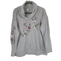 Sunday Cowl Neck Sweater L Womens Grey Floral Embroidered Long Sleeve Pullover - £15.72 GBP