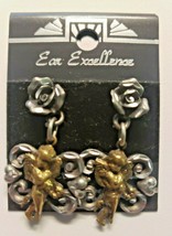 Signed EJC@96 Authentic Two Tone Rose Angel Silver Tone Pewter Earrings New - $14.99