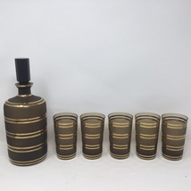 Vtg Gold Frosted Smoke Glass Decanter Glasses Set Gold Stripe 6 Pc Mid Century - $91.92