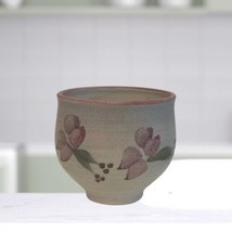 Japanese Pottery Planter Noodle Bowl Mauve Flowers Hand Painted Floral Signed - £19.35 GBP