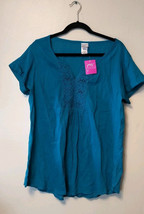 JMS  Tunic Top Women&#39;s Turquoise Kiss Crochet Trim Cotton Blend  Short S... - $239.87 MXN
