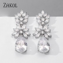 ZAKOL Luxurious Leaf Shape Cubic Zirconia Temperament Dangle Earrings Women Shin - £14.02 GBP