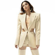 Star Personality Waist Cutout Blazer Mesh Stitching Trousers Suit Two Piece Suit - £122.88 GBP