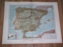 1930 Vintage Map Of Spain Portugal Catalonia Balearic Islands Gibraltar Ceuta - £22.27 GBP