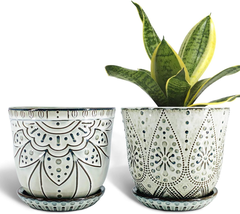 6 Inch Beaded Ceramic Planter Set of 2 with Drainage Hole and Saucer for... - $28.48