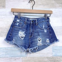 PacSun Distressed High Rise Denim Shorts Blue 2&quot; Inseam Cut Off Booty Womens 23 - £14.78 GBP