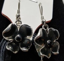 Black Floral Enamel Earring Necklace Silver Set 16-18&quot;      Z11 - £7.64 GBP