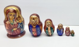 Vintage Hand Painted Russian Nesting Dolls 5 Piece Set Jesus Mary Christmas - £20.73 GBP