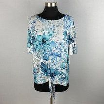 BCBG Maxazria Blue Gray Floral Print With Button Accented Shoulders Womens L Top - £16.18 GBP