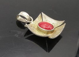 ECUADOR 925 Sterling Silver - Vintage Cabochon Cut Red Coral Pendant - PT7332 - £30.63 GBP