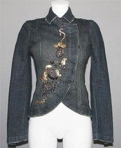 VTG Calvin Klein Full Side Sequins Beads Paisley Distressed Denim Jacket Wm PS - £55.14 GBP