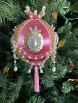 Vtg DISTASIO Satin Push Pin 3.5&quot; Beaded Pearl PINK Christmas Ornament MINT (50+) - £27.29 GBP