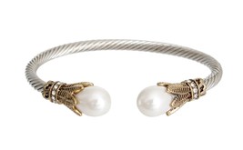 Burnished Gold Leaf White Pearl Classic Burnished Silver Fashion Bangle Bracelet - £23.41 GBP