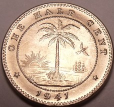 Rare Gem Unc Liberia 1941 Half Cent~Elephant Coin~Last Year Ever Minted~Free Shi - £7.10 GBP