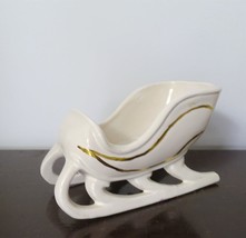 Vintage Hand Mold Small Ceramic White Christmas Sleigh With Gold Trim Paint - £19.68 GBP