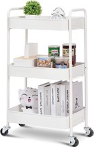 Toolf 3-Tier Rolling Cart, Metal Utility Cart With Lockable Wheels,, White - £37.55 GBP
