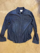 GOODFELLOW Mens Dark Wash Denim Button-Up Long-Sleeve Shirt Standard-Fit... - $18.49