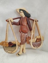 Wood Sculpture Hand Carved Depicting A Woman Carrying 2 Baskets Of Fruit... - $22.34
