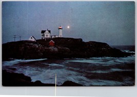 Postcard Maine York ME Nubble LightHouse Night Full Moon 1960s Unposted ... - $4.85