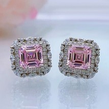 14k White Gold Plated 4Ct Asscher Lab Created Pink Sapphire Halo Stud Earrings - £49.83 GBP