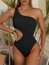 Cutout One Shoulder One-Piece Swimwear, Black - $25.00