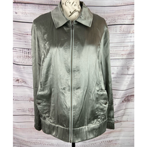 Chicos 2 Zip Up Silk Bomber Jacket Women L 12 Long Sleeve Collared Silve... - $22.50