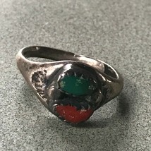 Old Pawn Silver Tapered Band w Green Turquoise &amp; Red Coral Stone Southwest Ring  - £17.53 GBP