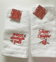 Merry Christmas Fingertip Towels Poinsettia Embroidered Set of 2 Avanti Guest - £24.46 GBP
