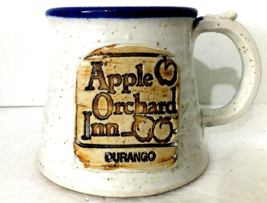Apple Orchard Inn Durango Pottery Mug White &amp; Blue Handmade 3.5&quot;H 12 oz. EUC - £9.15 GBP