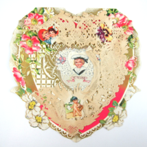 Antique Valentine Die cut Heart LARGE Boy Sailor Angel Girl Fishing UNSIGNED - £11.98 GBP
