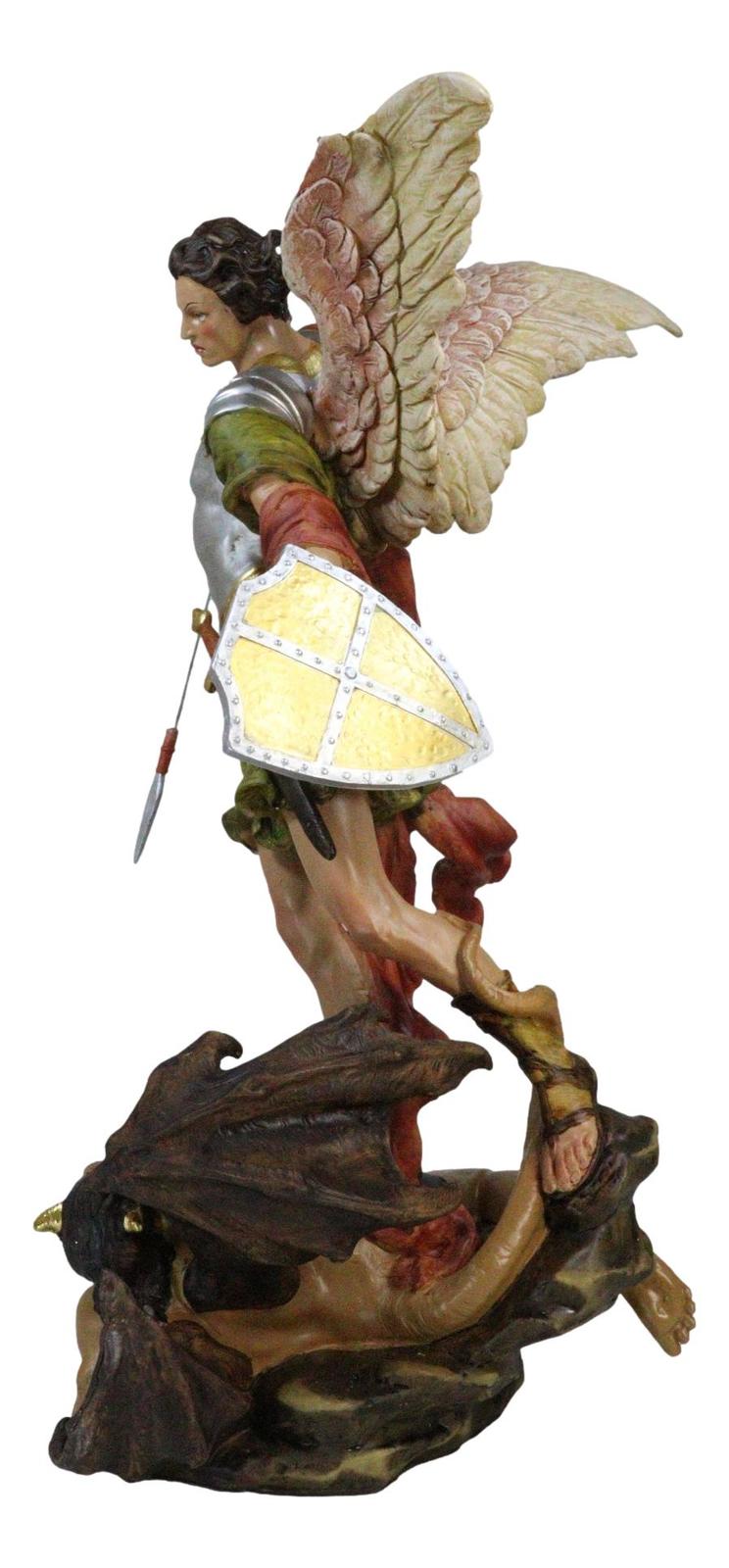 Archangel Saint Michael With Spear And Shield Trampling The Devil ...