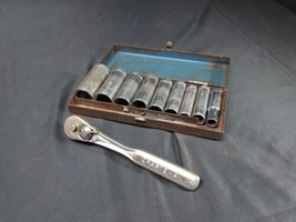 VTG Craftsman -V- 43785 Forged USA 3/8&quot; Ratchet Oil Port &amp; 9 Deep G Sockets  - £47.53 GBP