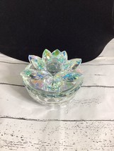 Trinket Dish Lotus Flower Petals Crystal Art Glass Prism Colorful Paperweight 4&quot; - £18.40 GBP