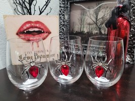 3pc Halloween Red Jewel Gem Rhinestone Spider Stemless Wine Glasses Home Decor  - £46.63 GBP