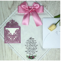 Wedding Handkerchief Bride To Give to Mom 8&quot; X 8&quot;  Hankerchief &amp; Lazer Cut Card - £14.22 GBP