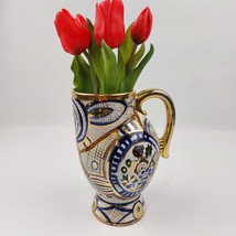 Vintage Hand Painted Ceramic Jug Vase - Ornate Blue &amp; Gold Gilded Pitcher - £47.96 GBP