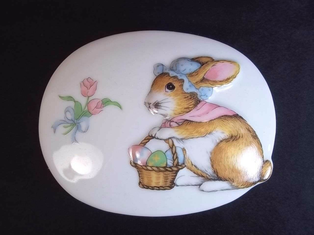 Primary image for Oval porcelain trinket keepsake box 3D bunny Easter bonnet basket eggs Japan
