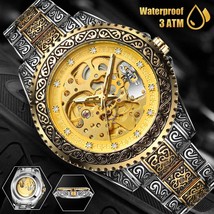 Men Stainless Steel Watch Skeleton Automatic Mechanical Wristwatch Carved Luxury - £41.90 GBP