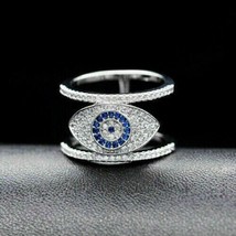 1Ct Round Cut Simulated Sapphire 925 Sterling Silver Double Banded Evil Eye Ring - £83.55 GBP