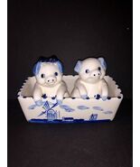 Vtg Delft Blue Pig Salt &amp; Pepper Shakers In Trough 2 Sided Holland Flora... - $13.00