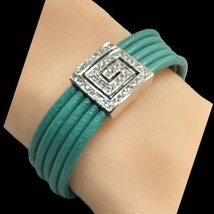 Green leather Sterling Silver crystal bracelet 7” - £31.90 GBP