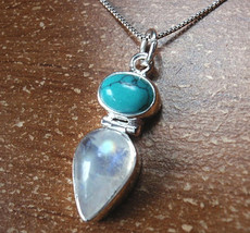 Turquoise and Moonstone 925 Sterling Silver Necklace Corona Sun Jewelry - £17.82 GBP