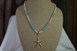 Plunder Necklace (New) Sea Star - Gold Star, Teal Beads W/ Wood 15.5&quot; (PN1787) - £25.04 GBP