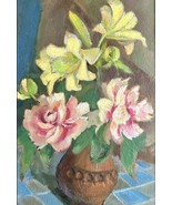 1930s French oil painting on panel. Vase with daffodils and pink roses F... - €258,02 EUR