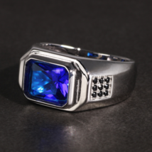 Vintage 925 Solid Sterling Silver Men’s Blue Zircon Galaxy Ring - £87.90 GBP