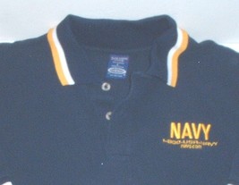 USN US Navy &quot;Go Navy&quot; blue &amp; yellow polo shirt size large; 100% cotton - £11.99 GBP
