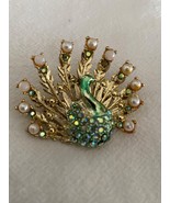 Vintage Peacock Brooch - Gold Tone Rhinestone Pear Enamel Peacock Pin Br... - £11.79 GBP