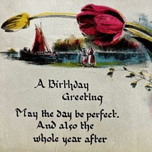 A Birthday Greeting Postcard 1910s Flowers Boat Waterside PCBG3D - $14.99